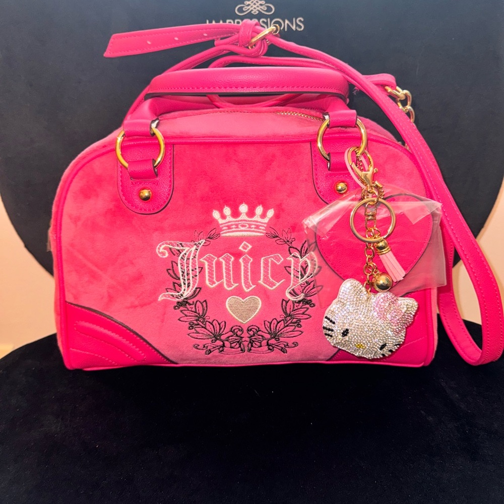 Juicy Couture Hot Pink heritage bowler bag with Hello Kitty keychain
